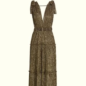 Gold Metallic V-Neck Tiered Maxi Dress